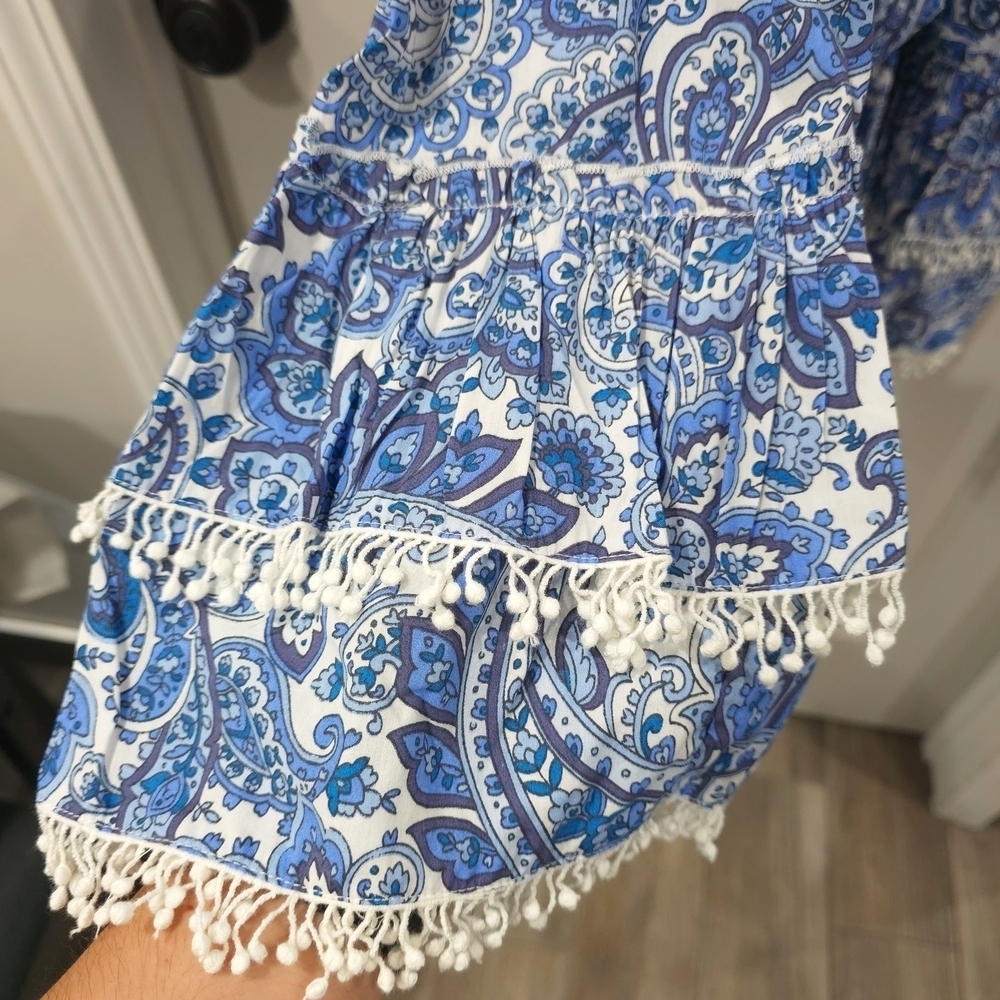 Cottage Core Blue White Paisley Dress Lace Trim, Bell Sleeves, Tiered Hem - Picture 10 of 16